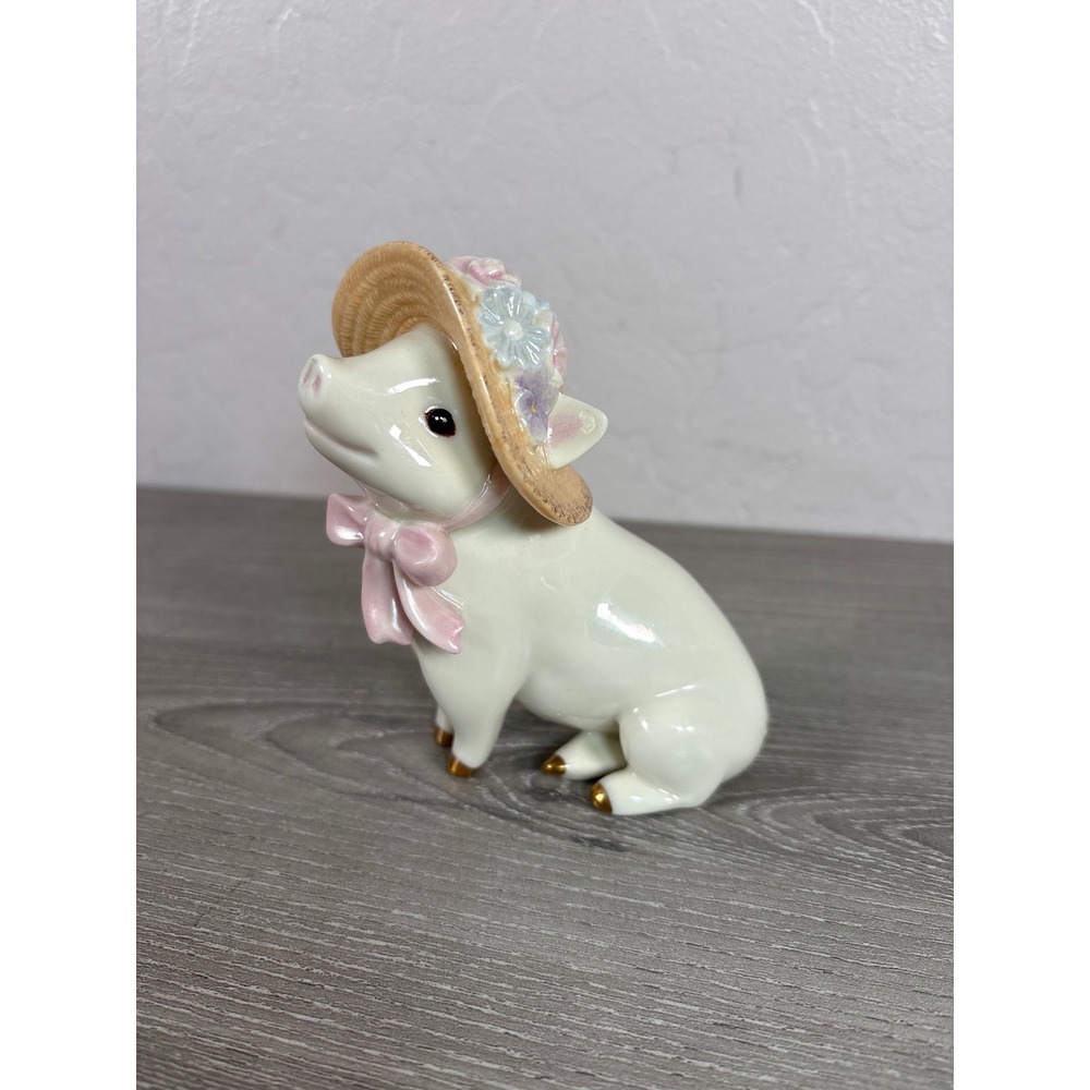 Lenox Sadies Sunday Best Porcelain Pig Figurine Straw Hat Pink Bow Gold Hooves